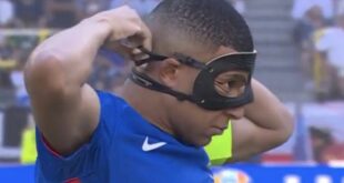 France’s Kylian Mbappe puts on mask for the first time at Euro 2024