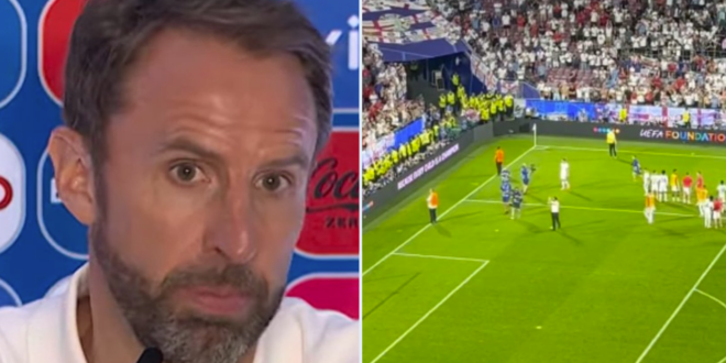 Watch fans throw cups at Gareth Southgate as England boss responds to Euro shambles