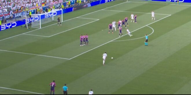 Dominik Szoboszlai almost scores the perfect free-kick for Hungary against Germany