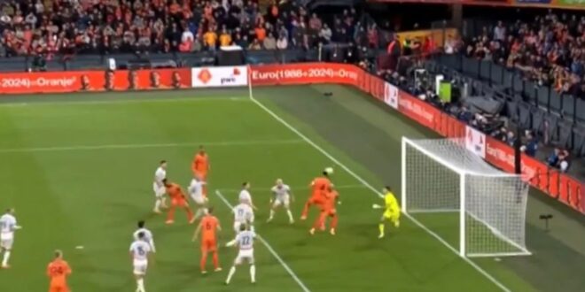 Liverpool defender Virgil van Dijk heads in Netherlands’ second of the night vs Iceland