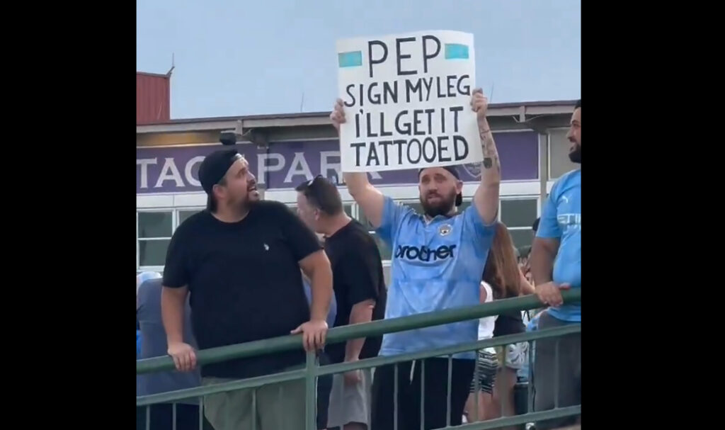 Pep Guardiola signs fans leg in comical exchange