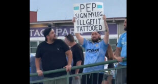 Pep Guardiola signs fans leg in comical exchange