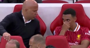 Slot and TAA have heated exchange on Liverpool subs’ bench