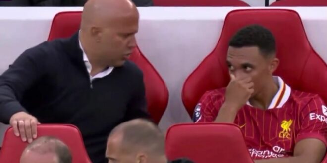 Slot and TAA have heated exchange on Liverpool subs’ bench