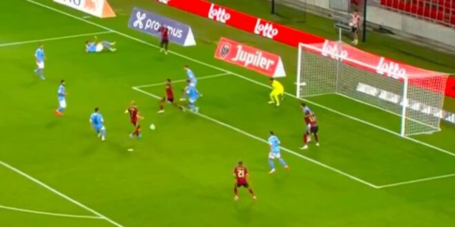 Man City’s Kevin De Bruyne nearly breaks net for Belgium’s opener