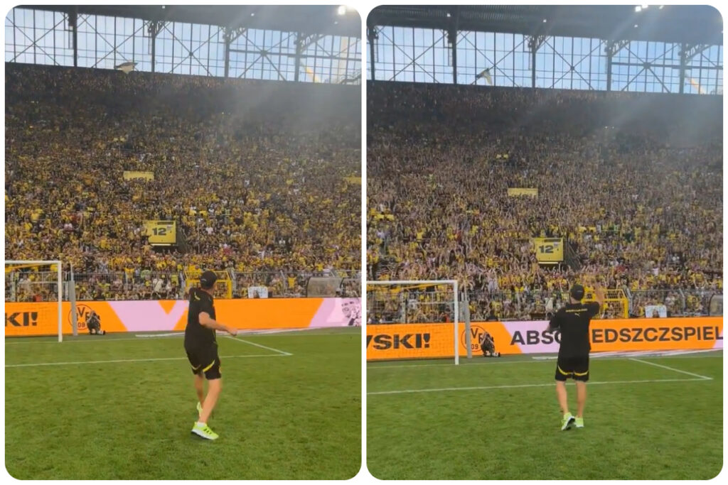 Jurgen Klopp produces fist pumps in front of Dortmund’s Yellow Wall