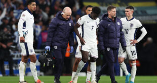 Arsenal fans hold their breath as Bukayo Saka limps out of England match